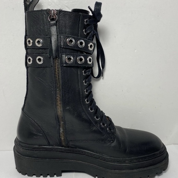 ZARA Black Leather Combat Boots Double Buckle Grommet Lace Up Lug Sole Size 7.5 - Picture 7 of 16